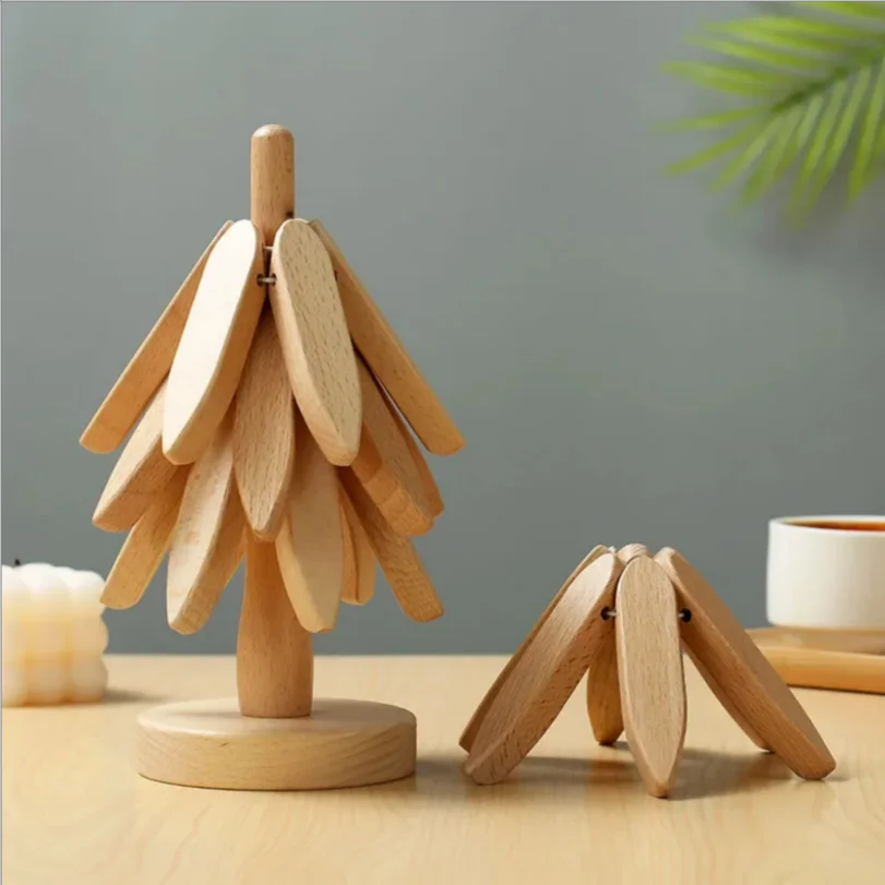 ModoHome™ 4-Piece Bamboo Tree Trivets – Heat-Resistant Decorative Table Stands